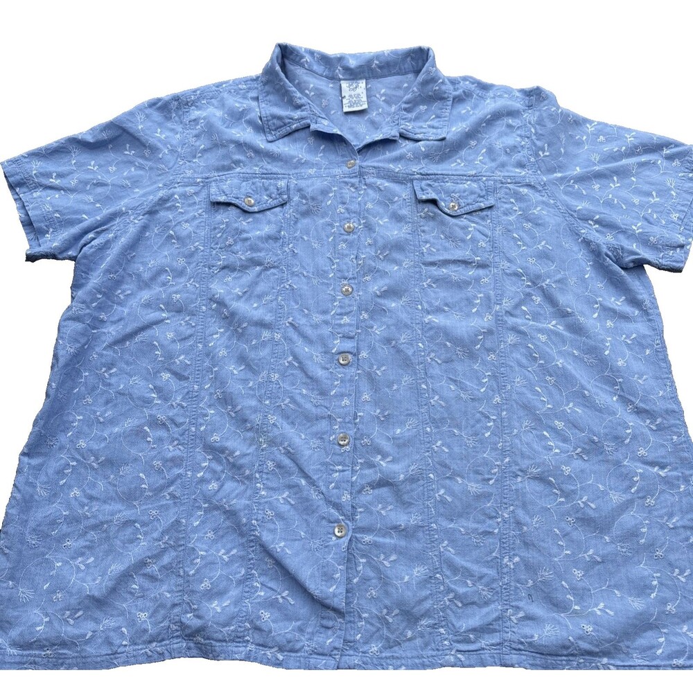 Vintage 90s Just My Size JMS Shirt 22W-24W blue Chambray Embroidered Floral Cott